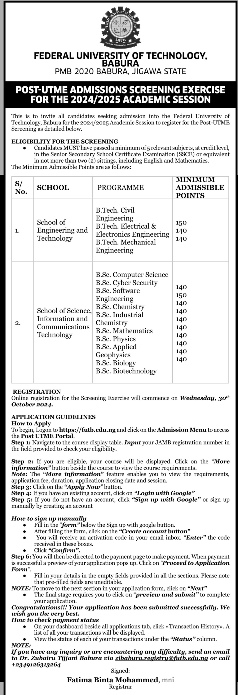 POST-UTME ADMISSIONS SCREENING EXERCISE FOR THE 2024/2025 ACADEMIC SESSION