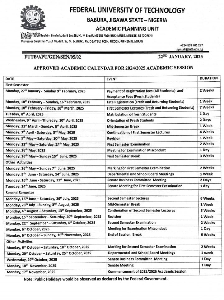 APPROVED CALENDAR FOR 2024/2025 ACADEMIC SESSION